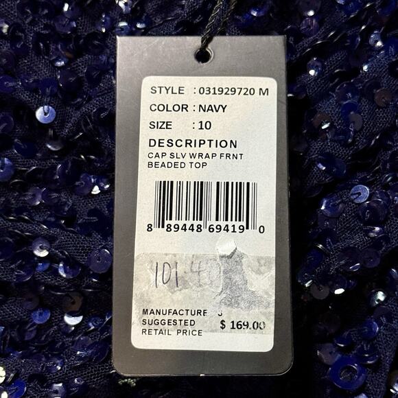 NWT Adrianna Papell Womens Sequin Bead Top Cap Sleeve Wrap Front Formal Navy 10 - Picture 11 of 13